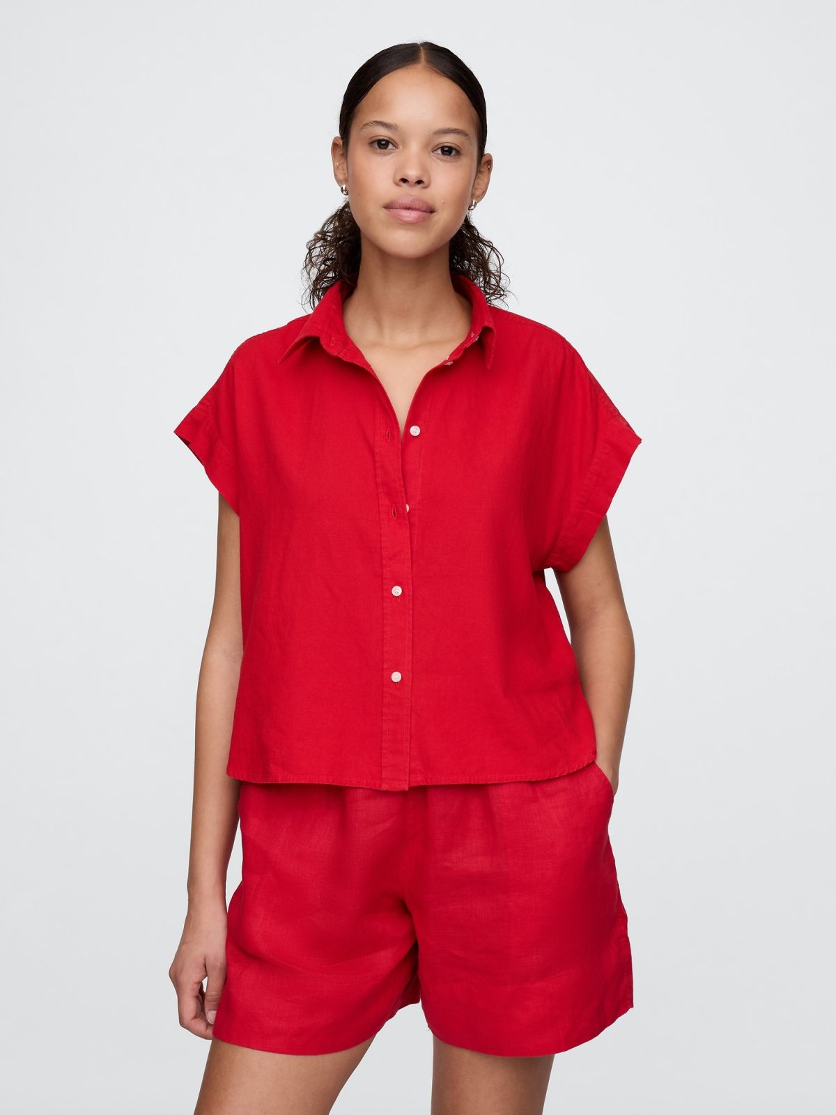 Linen-Blend Cropped Shirt-718362000